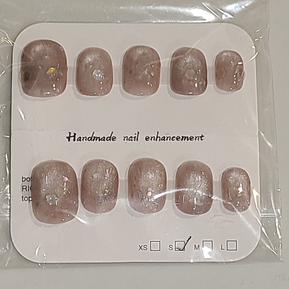 Handmade Glitter Nail Press Or Glue On Enhancements Taupe Glitter